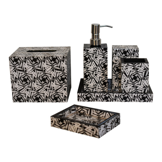 Artisan Furniture Bathroom Accessories - Aztec Print Wooden Bathroom Set of 6, Abstract Print