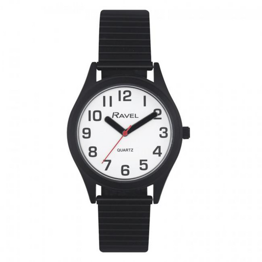 Ravel Mens Basic Bold Easy Read Expander Bracelet Watch White/Black R0225