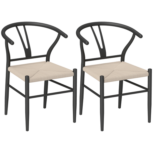 HOMCOM Weave Dining Chairs Set of 2 with Y-Shaped Backrest Hemp Seat Black