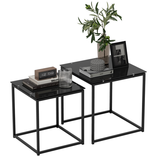 Nest of 2 Side Tables Set of Bedside Tables w/ Tempered Glass Desktop Black