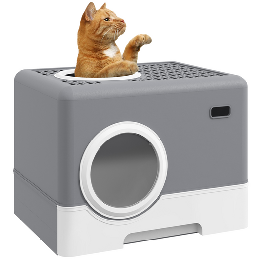 PawHut Enclosed Cat Litter Tray with Lid, Front Entry, Top Exit, Scoop - Grey