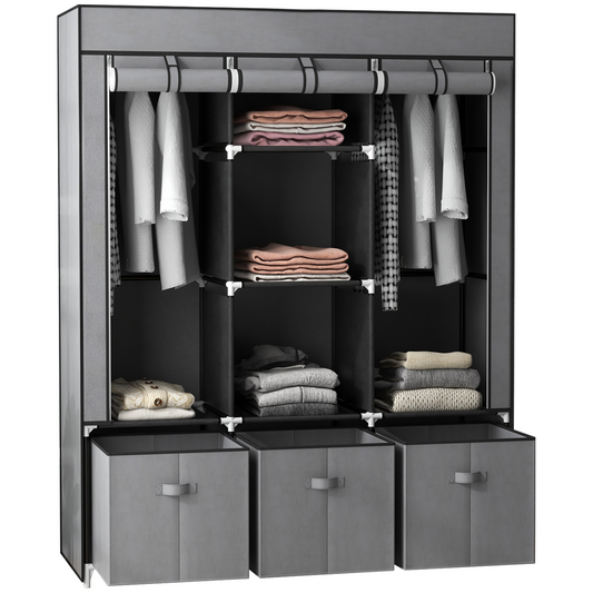 HOMCOM Portable Wardrobe w/ 5 Shelves 3 Fabric Drawers and 2 Hanging Rails Grey