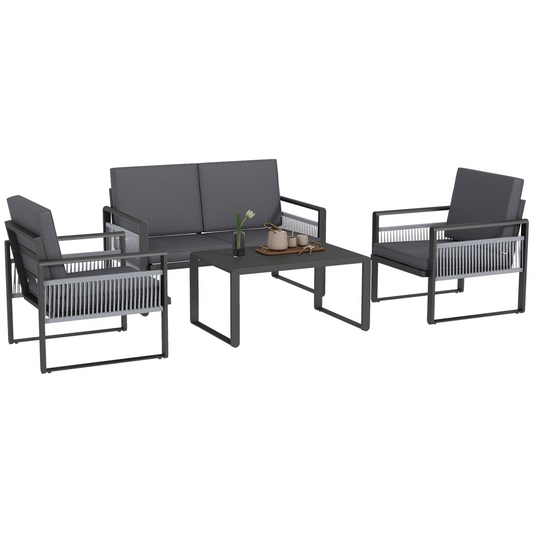 Outsunny Aluminium Garden Furniture Sets w/ Cushions, Slatted Top Table, Black