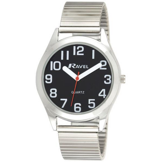 Ravel Mens  Basic Bold Easy Read Expander Bracelet Watch Black/Silver R0225
