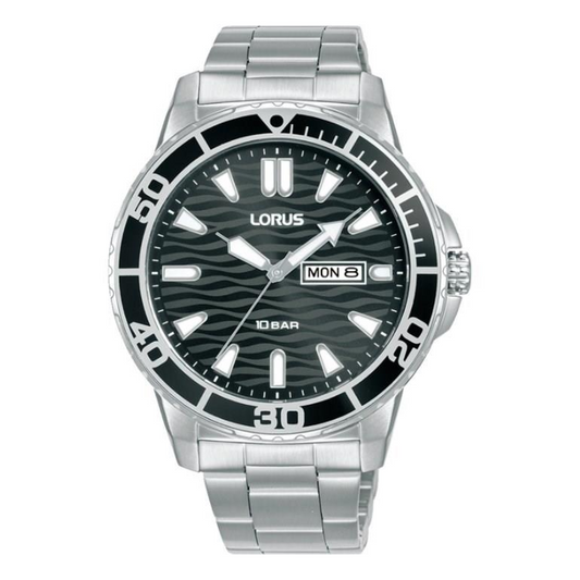 Lorus Mens Sports Day Date Black Dial Seigaiha-mon With Stainless Steel Bracelet Watch RH361AX9