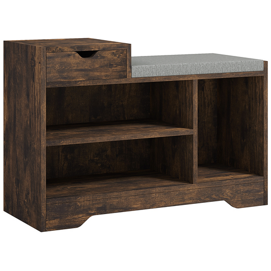 HOMCOM Upholstered Entryway Shoe Bench with Storage Drawer Open Shelf Brown