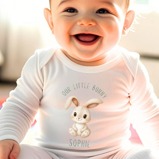 Personalised Our Little Bunny Baby Bib, Vest, Babygrow, Romper Sleepsuit Onsie