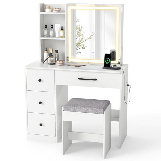 Makeup Table and Chair Set with 4 Drawers and Storage Shelves-White