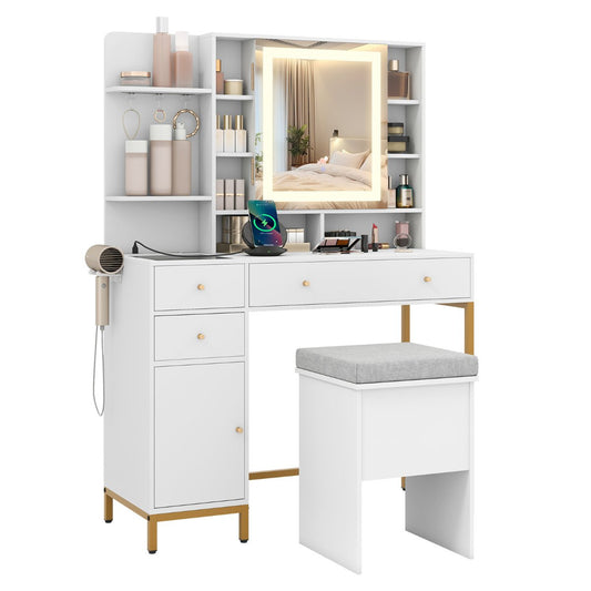 Makeup Vanity Desk with Lighted Mirror and LED Lights-White