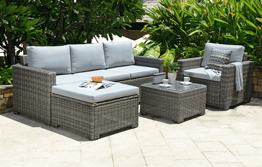 Marbella 5-Seater Garden Lounge Set with Ottoman Chaise | Grey Cushions | Luxury Home Accessories | Heulog Glow