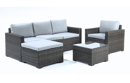 Marbella 5-Seater Garden Lounge Set with Ottoman Chaise | Grey Cushions | Luxury Home Accessories | Heulog Glow