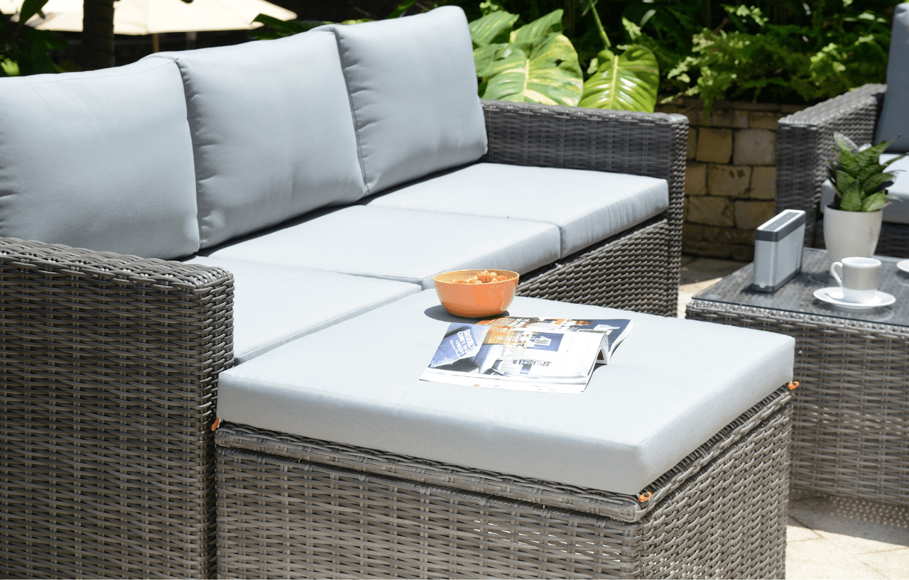 Marbella Grey 5-Seater Garden Sofa Set with Ottoman and Cover Bundle | Luxury Home Accessories | Heulog Glow