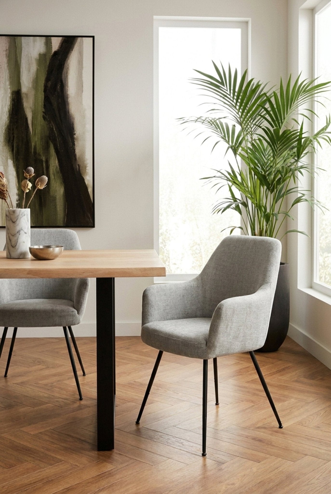 Maxwell Set of 2 Light Grey Textured Fabric Dining Chairs with Arms | Luxury Home Accessories | Heulog Glow