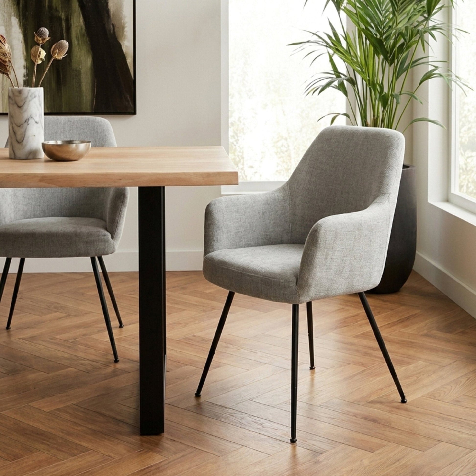 Maxwell Set of 2 Light Grey Textured Fabric Dining Chairs with Arms | Luxury Home Accessories | Heulog Glow