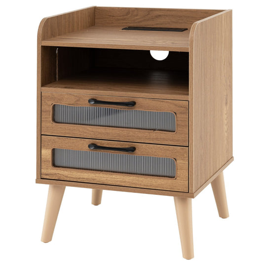 Mid Century Nightstand Modern Bedside Table with Charging Station-Black