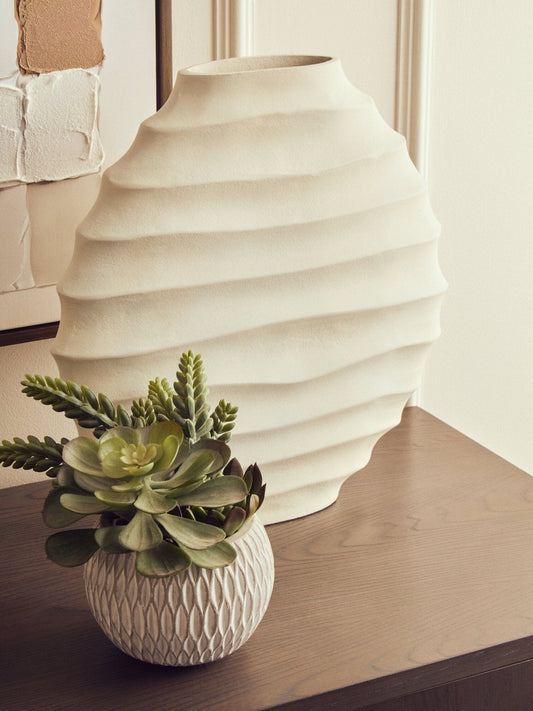 Mira Large Ivory Finish Rippled Round Vase | Luxury Home Accessories | Heulog Glow