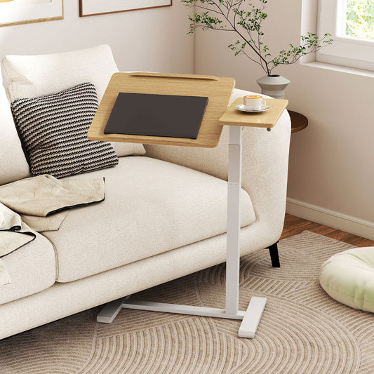 Mobile Over Bed Desk Height Adjustable Standing Laptop Cart with Tilting Tabletop-Natural & White
