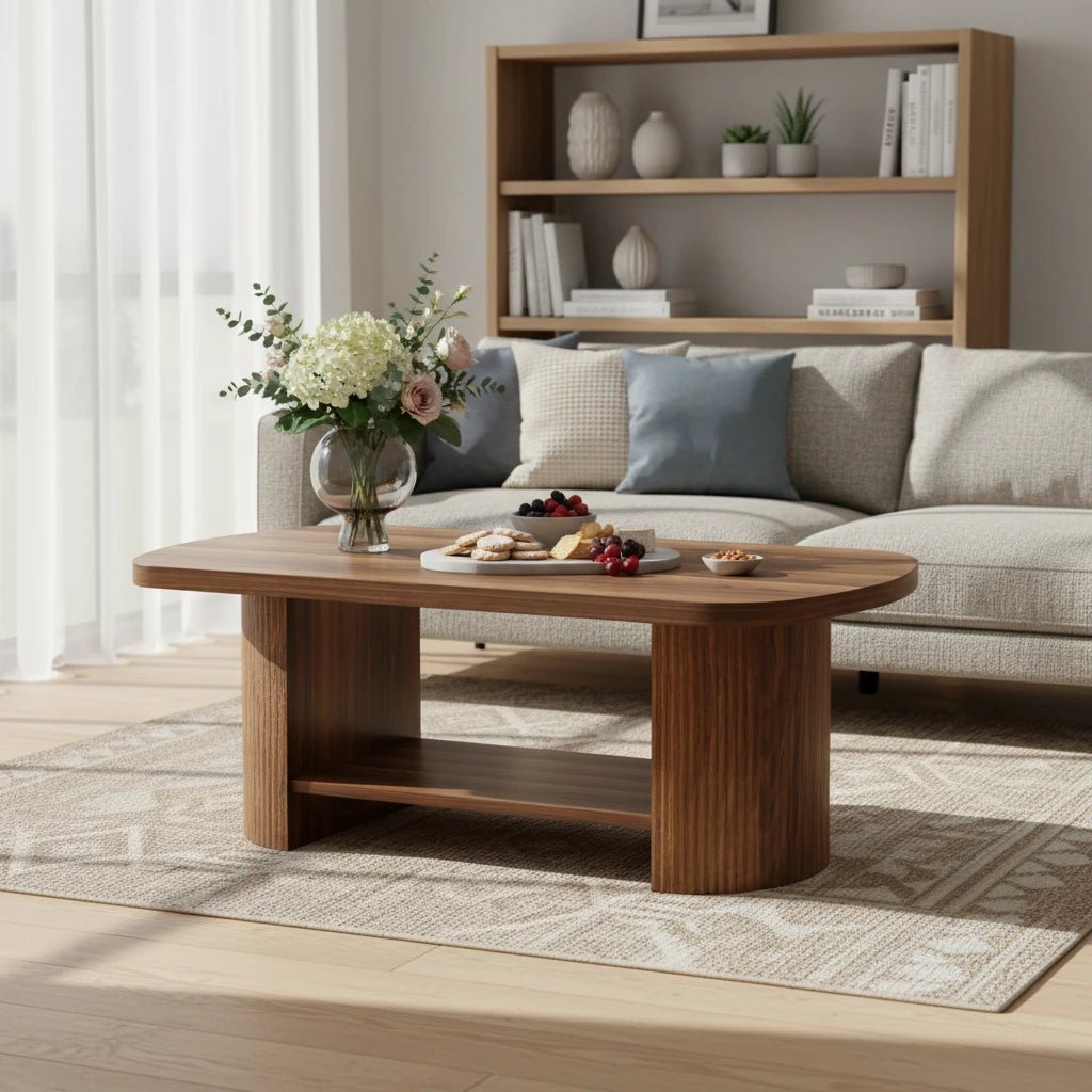 Modern Oval Walnut Coffee Table - Fluted Pedestal Base with Storage Shelf | Luxury Home Accessories | Heulog Glow