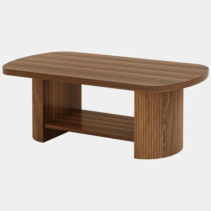 Modern Oval Walnut Coffee Table - Fluted Pedestal Base with Storage Shelf | Luxury Home Accessories | Heulog Glow
