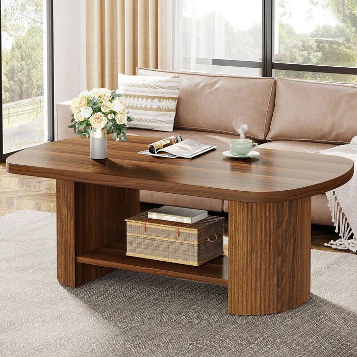 Modern Oval Walnut Coffee Table - Fluted Pedestal Base with Storage Shelf | Luxury Home Accessories | Heulog Glow