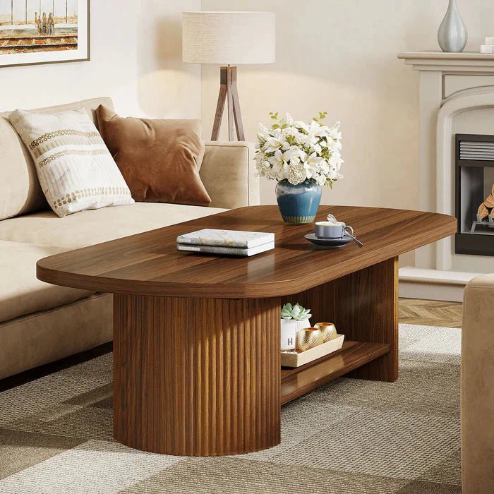 Modern Oval Walnut Coffee Table - Fluted Pedestal Base with Storage Shelf | Luxury Home Accessories | Heulog Glow