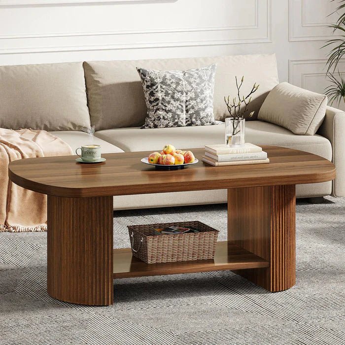 Modern Oval Walnut Coffee Table - Fluted Pedestal Base with Storage Shelf | Luxury Home Accessories | Heulog Glow