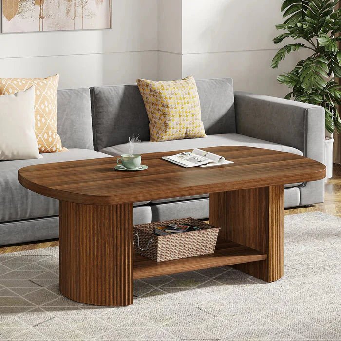 Modern Oval Walnut Coffee Table - Fluted Pedestal Base with Storage Shelf | Luxury Home Accessories | Heulog Glow