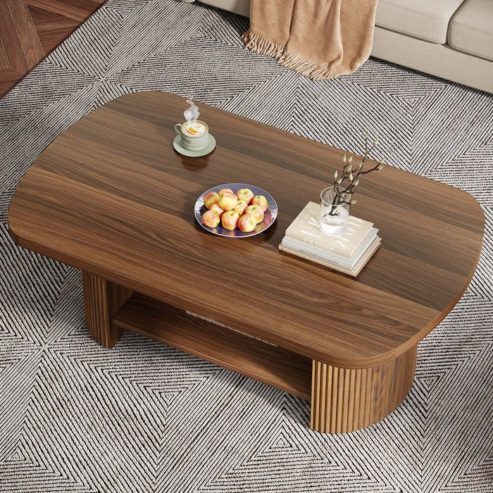 Modern Oval Walnut Coffee Table - Fluted Pedestal Base with Storage Shelf | Luxury Home Accessories | Heulog Glow