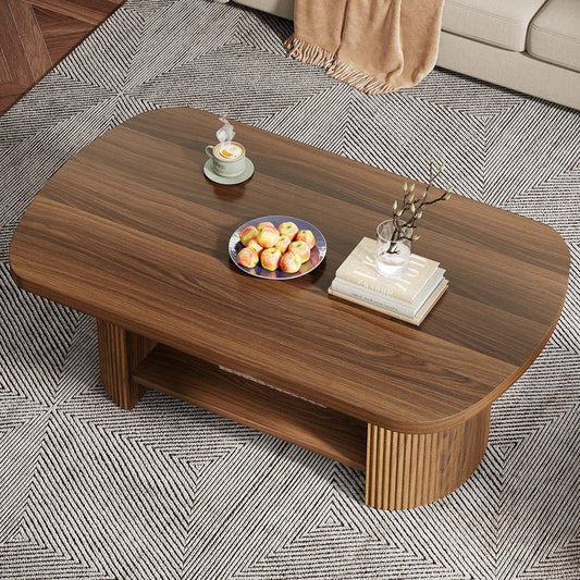 Modern Oval Walnut Coffee Table - Fluted Pedestal Base with Storage Shelf | Luxury Home Accessories | Heulog Glow