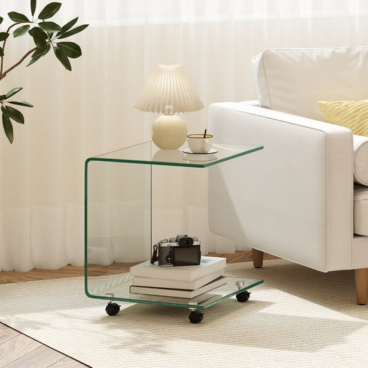 Modern Tempered Glass Side Table with 2-tier Shelf-Transparent