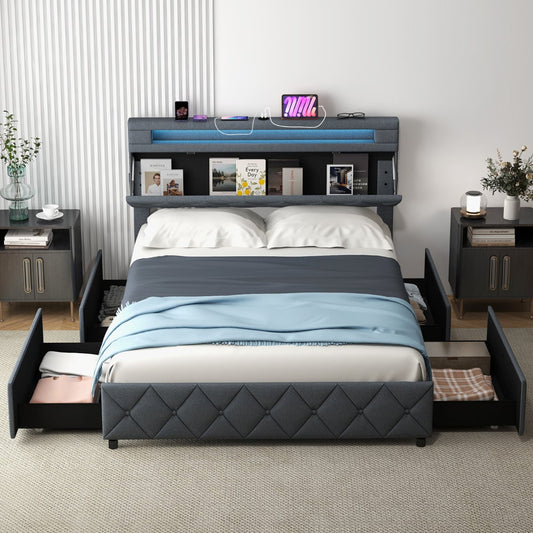 Modern Upholstered Bed Frame with Led Lights and Charging Station-Double Size