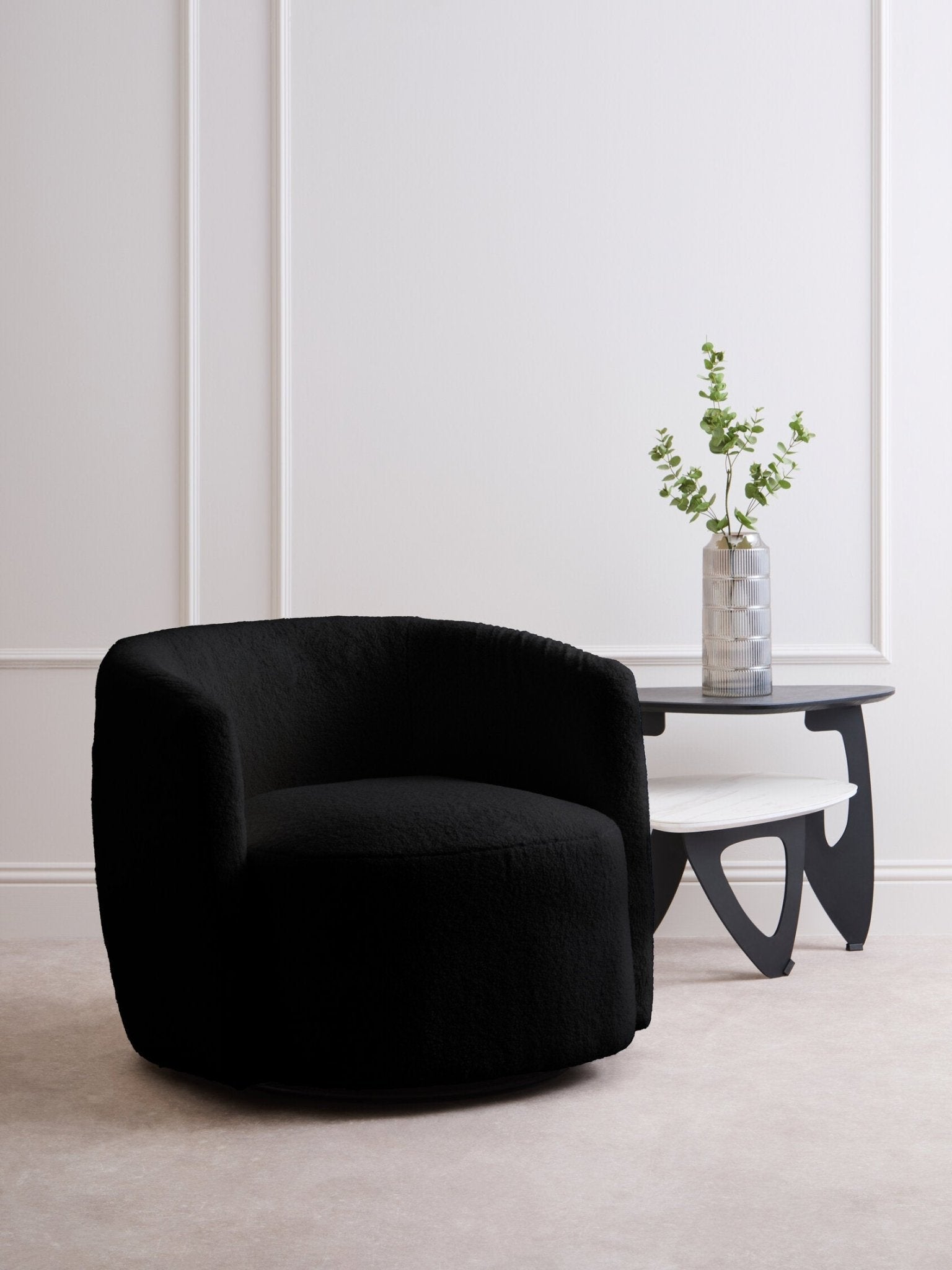 Montreal Black Boucle Effect Curved Lounge Chair With Swivel Base | Luxury Home Accessories | Heulog Glow