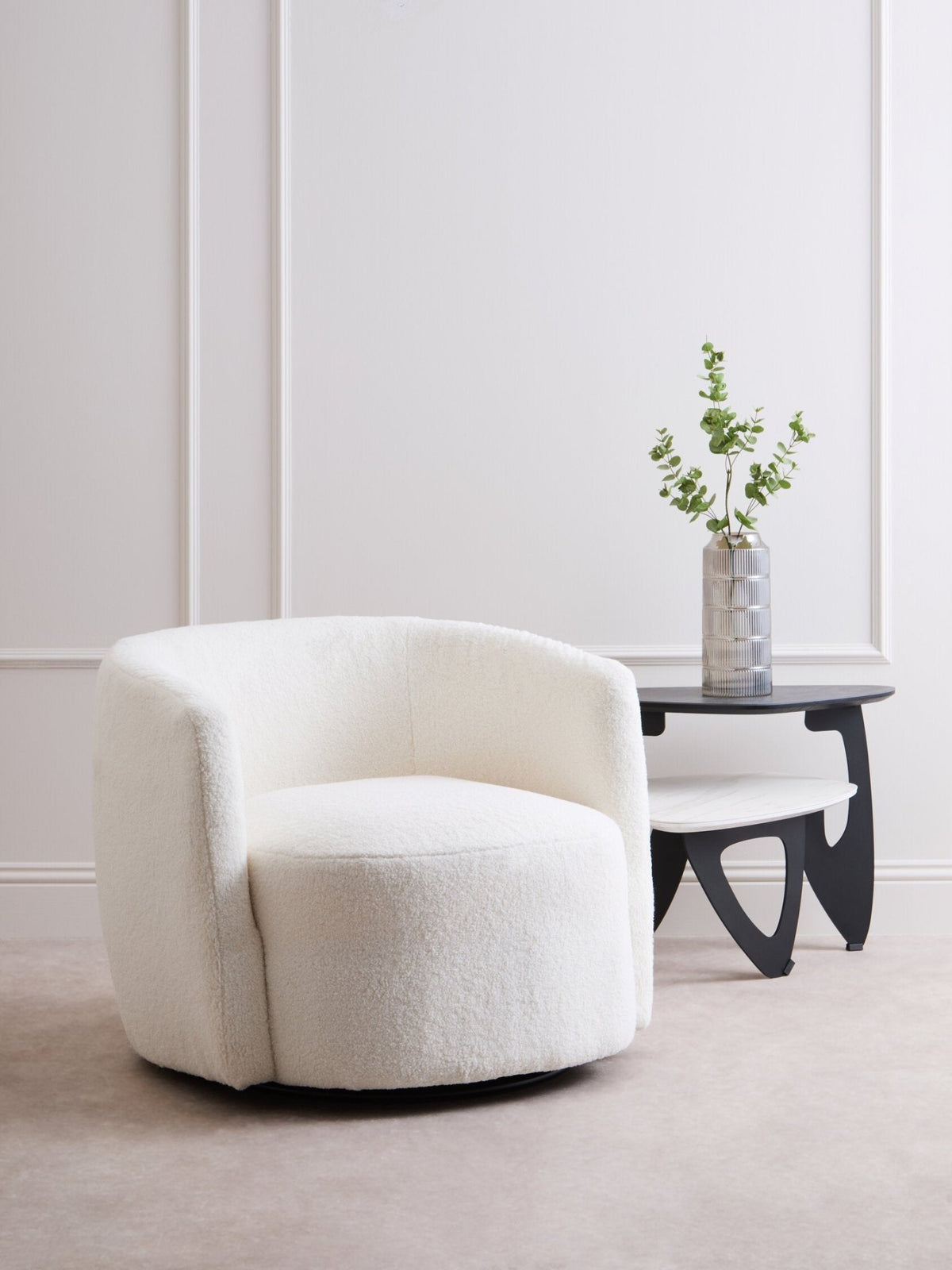 Montreal Ivory Boucle Effect Curved Lounge Chair With Swivel Base | Luxury Home Accessories | Heulog Glow