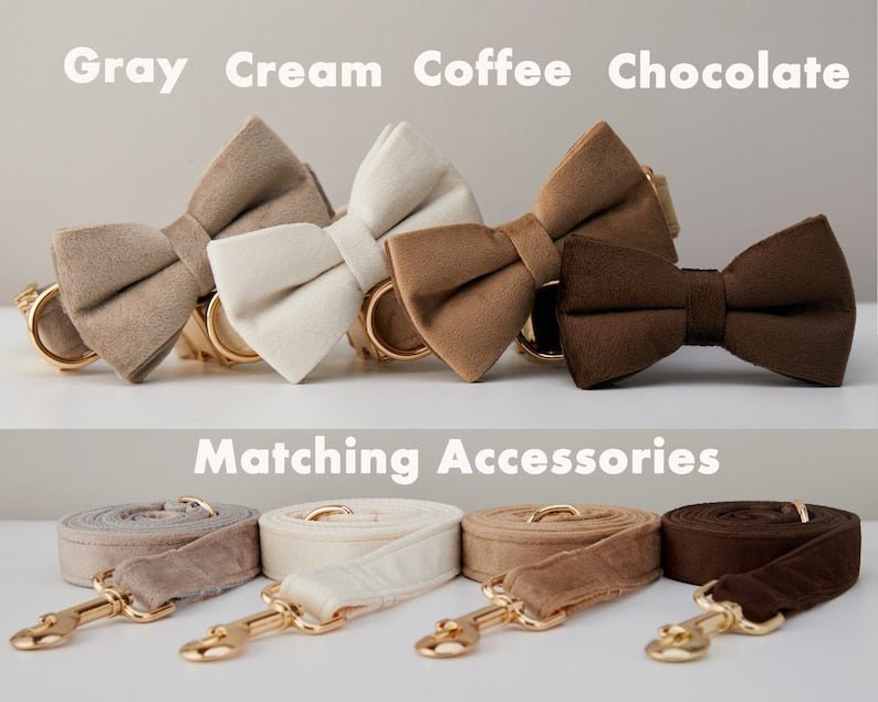 Multiple Colour Velvet Personalise Dog Collar Leash Set With Bow | Luxury Home Accessories | Heulog Glow