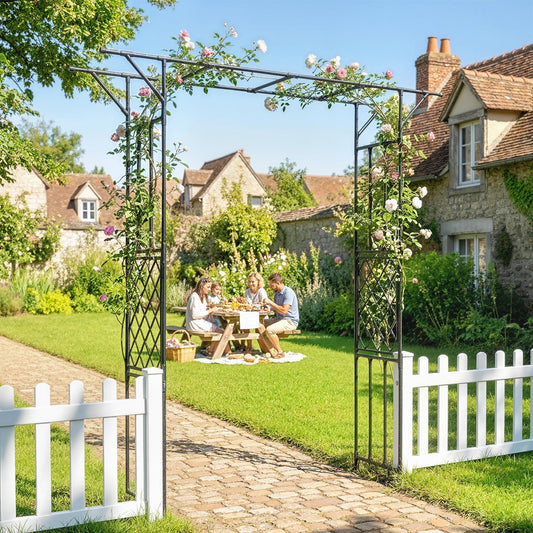 Outsunny Garden Arch, PE-Coated Steel Arbour Trellis for Climbing Plants, Rose Arch, 180 x 40 x 215 cm, Black