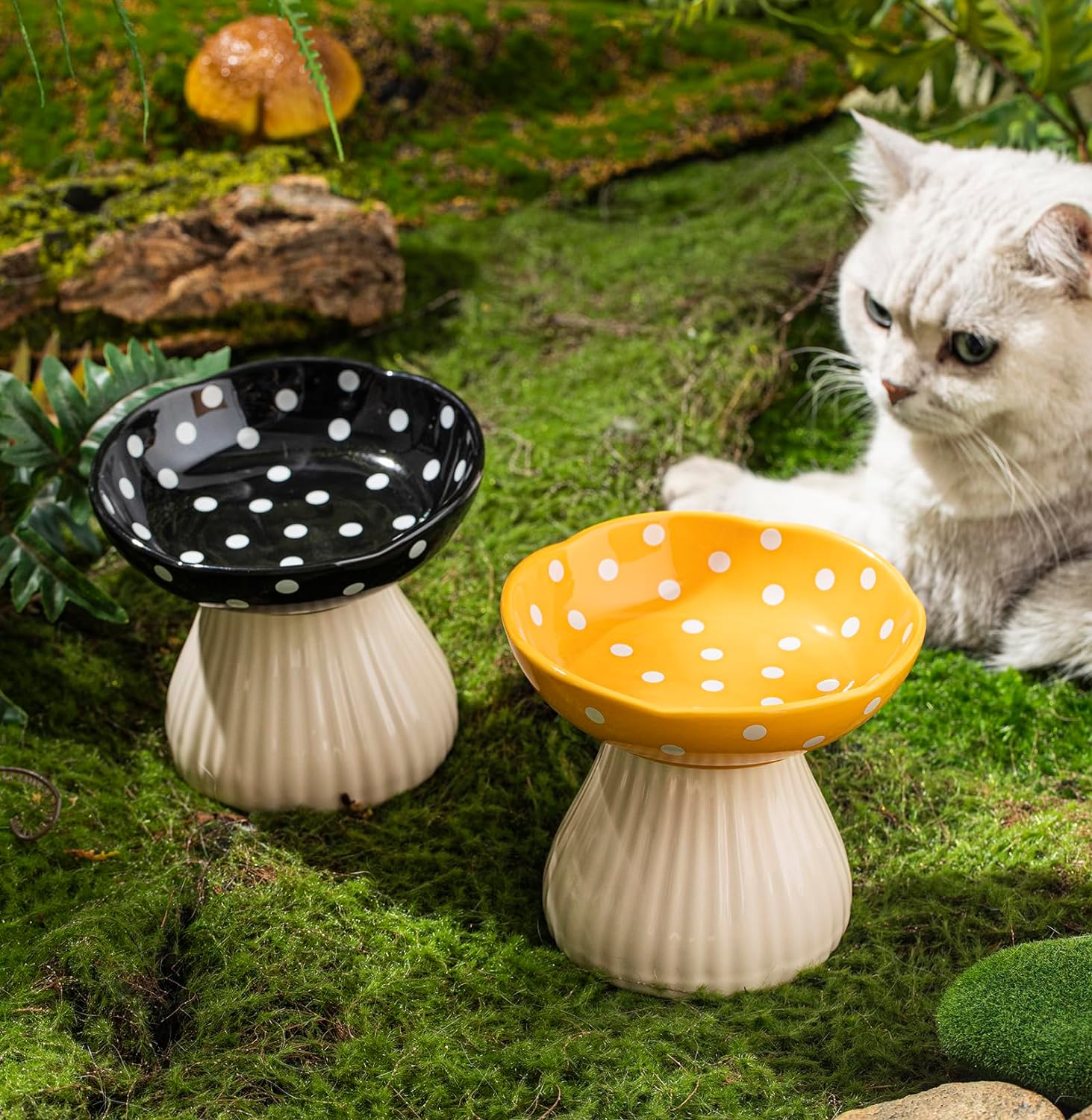 Mushroom Raised Cat Bowl With Cute Polka Dot Design And Safe Ceramic Material For Small Pets | Luxury Home Accessories | Heulog Glow