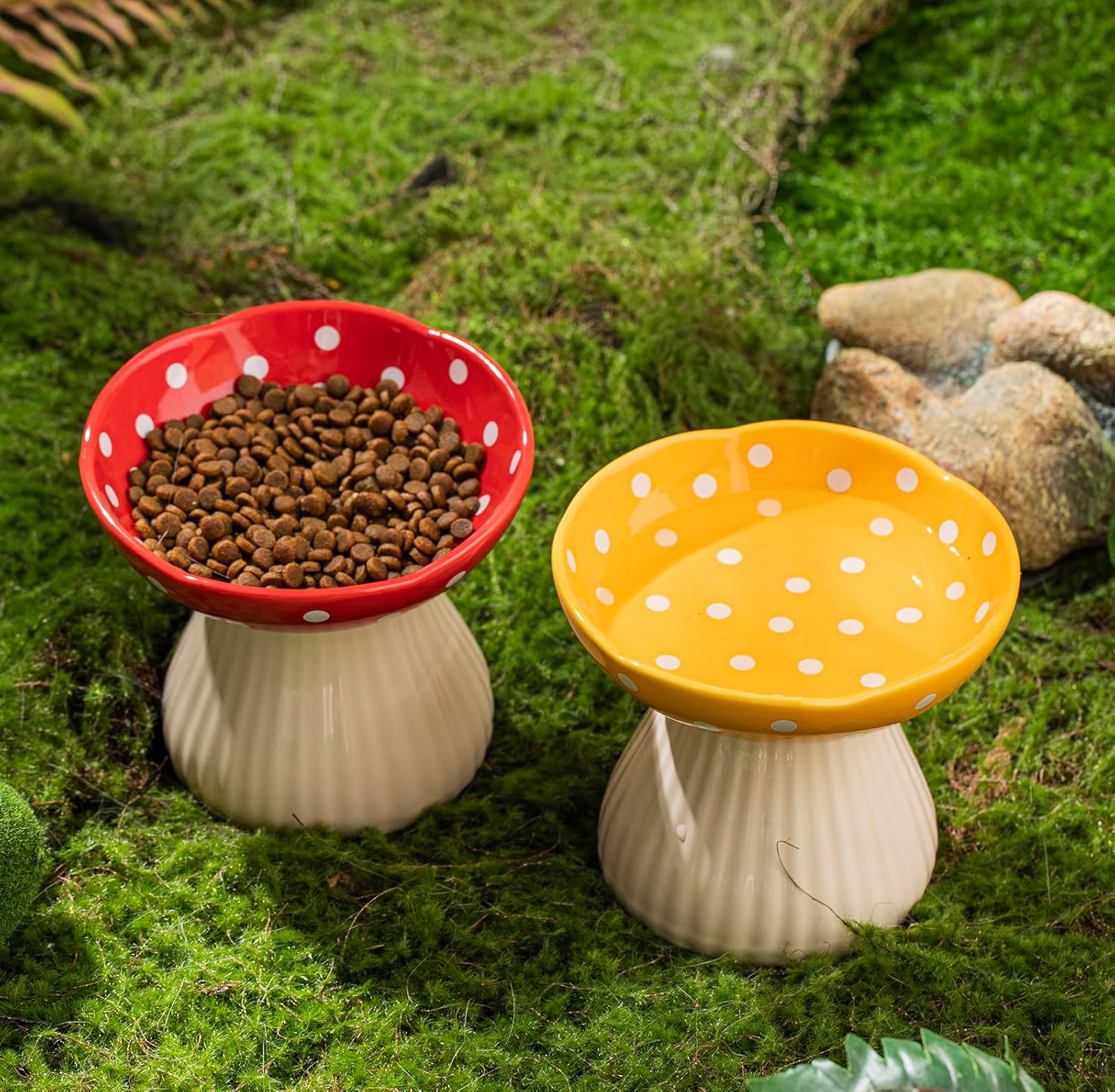 Mushroom Raised Cat Bowl With Cute Polka Dot Design And Safe Ceramic Material For Small Pets | Luxury Home Accessories | Heulog Glow
