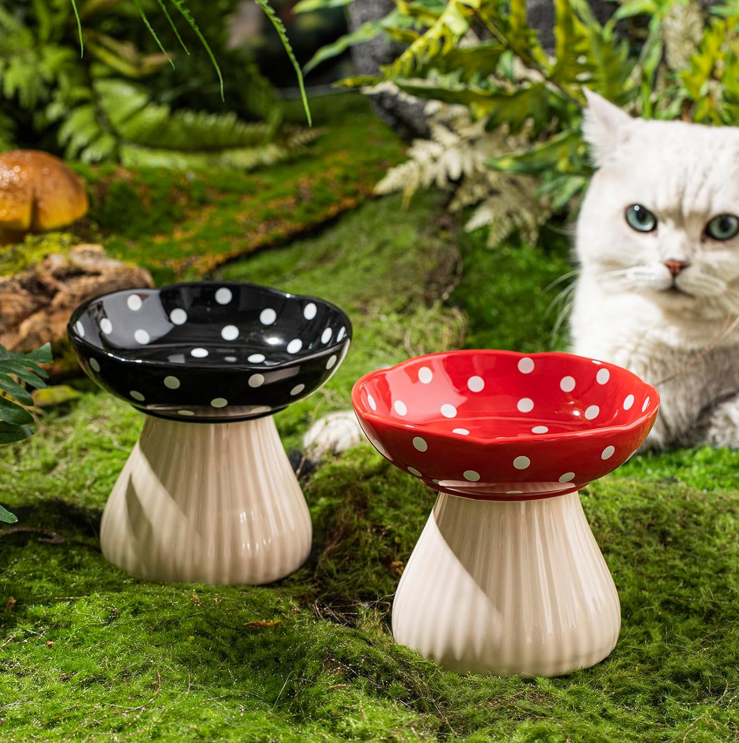 Mushroom Raised Cat Bowl With Cute Polka Dot Design And Safe Ceramic Material For Small Pets | Luxury Home Accessories | Heulog Glow