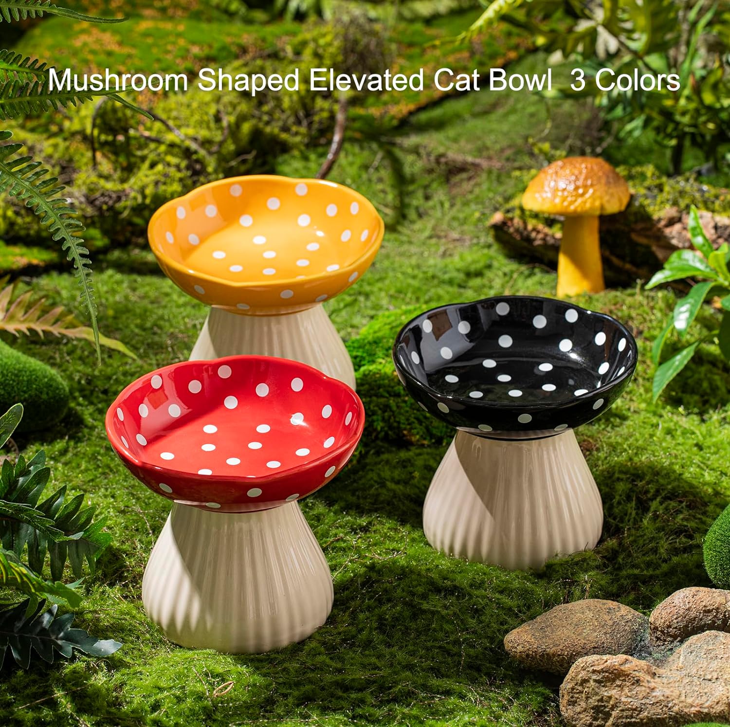 Mushroom Raised Cat Bowl With Cute Polka Dot Design And Safe Ceramic Material For Small Pets | Luxury Home Accessories | Heulog Glow