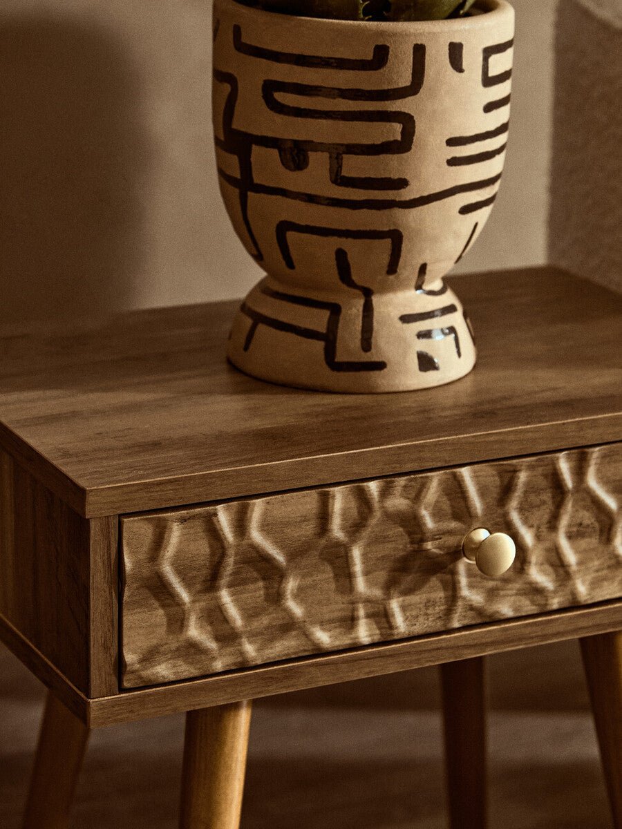 Natural Brown Wood Effect Bedside Table with 1 Drawer and Angular Legs | Frida | Luxury Home Accessories | Heulog Glow