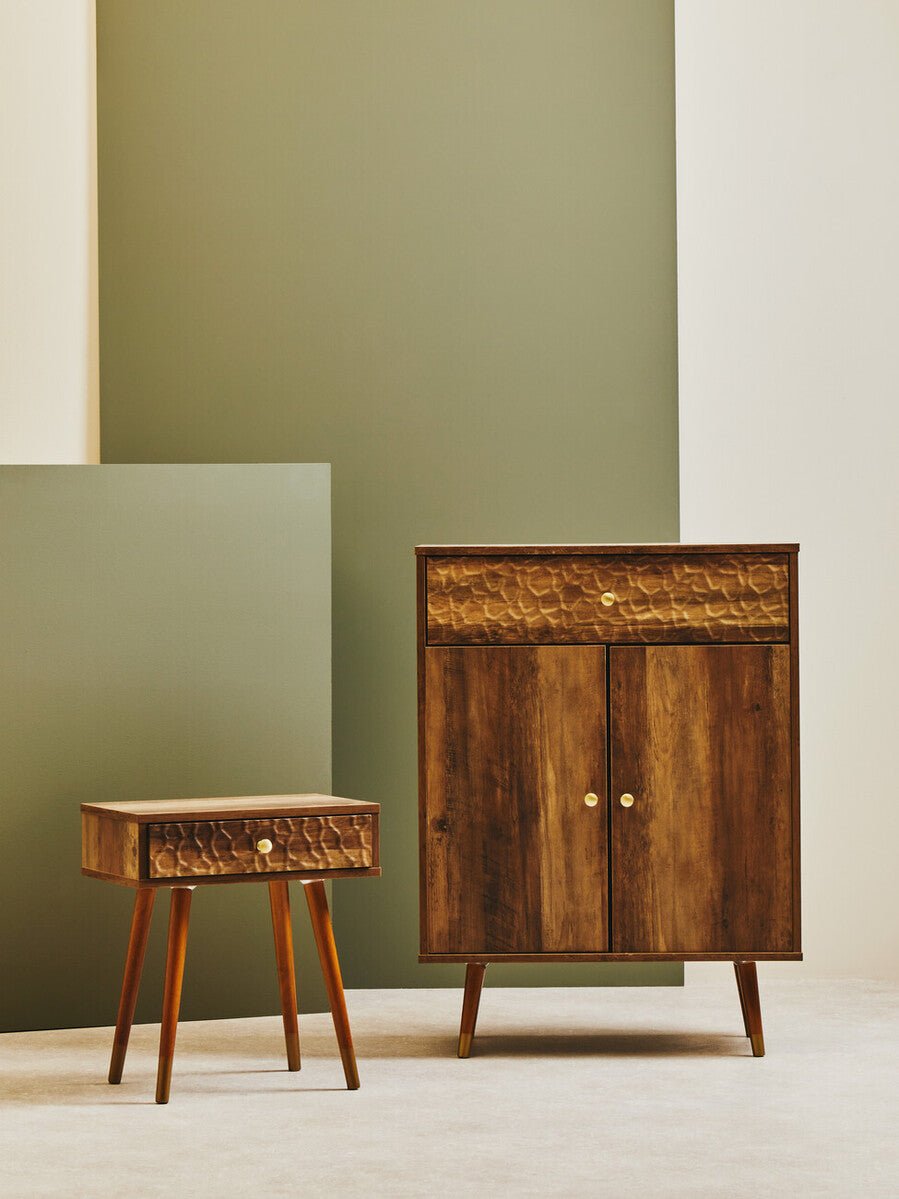 Natural Brown Wood Effect Bedside Table with 1 Drawer and Angular Legs | Frida | Luxury Home Accessories | Heulog Glow