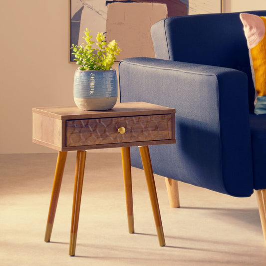 Natural Brown Wood Effect Bedside Table with 1 Drawer and Angular Legs | Frida | Luxury Home Accessories | Heulog Glow