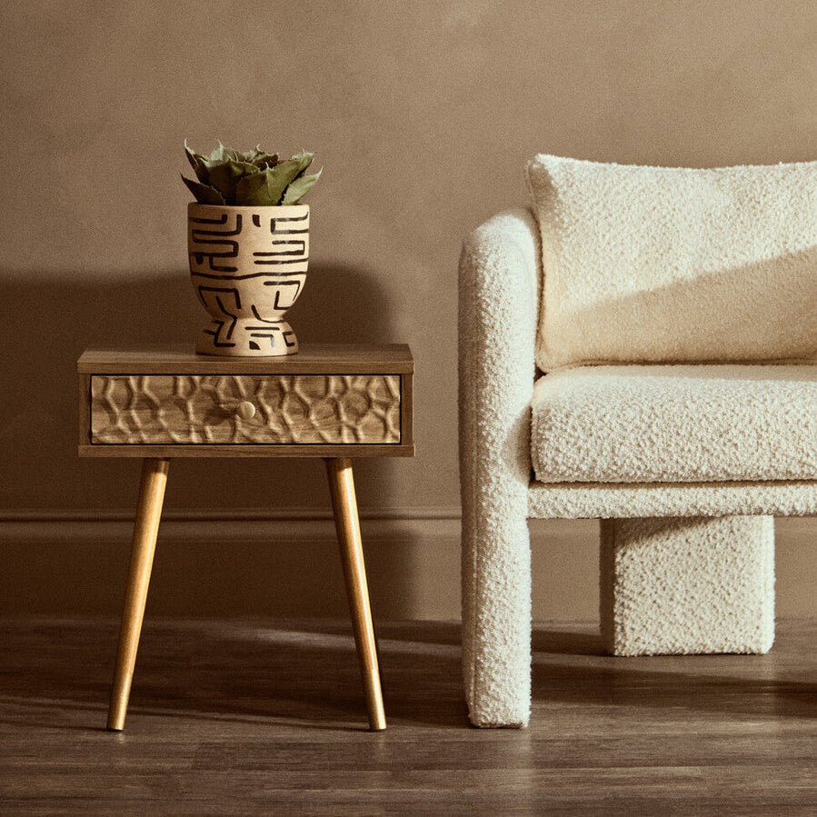 Natural Brown Wood Effect Bedside Table with 1 Drawer and Angular Legs | Frida | Luxury Home Accessories | Heulog Glow