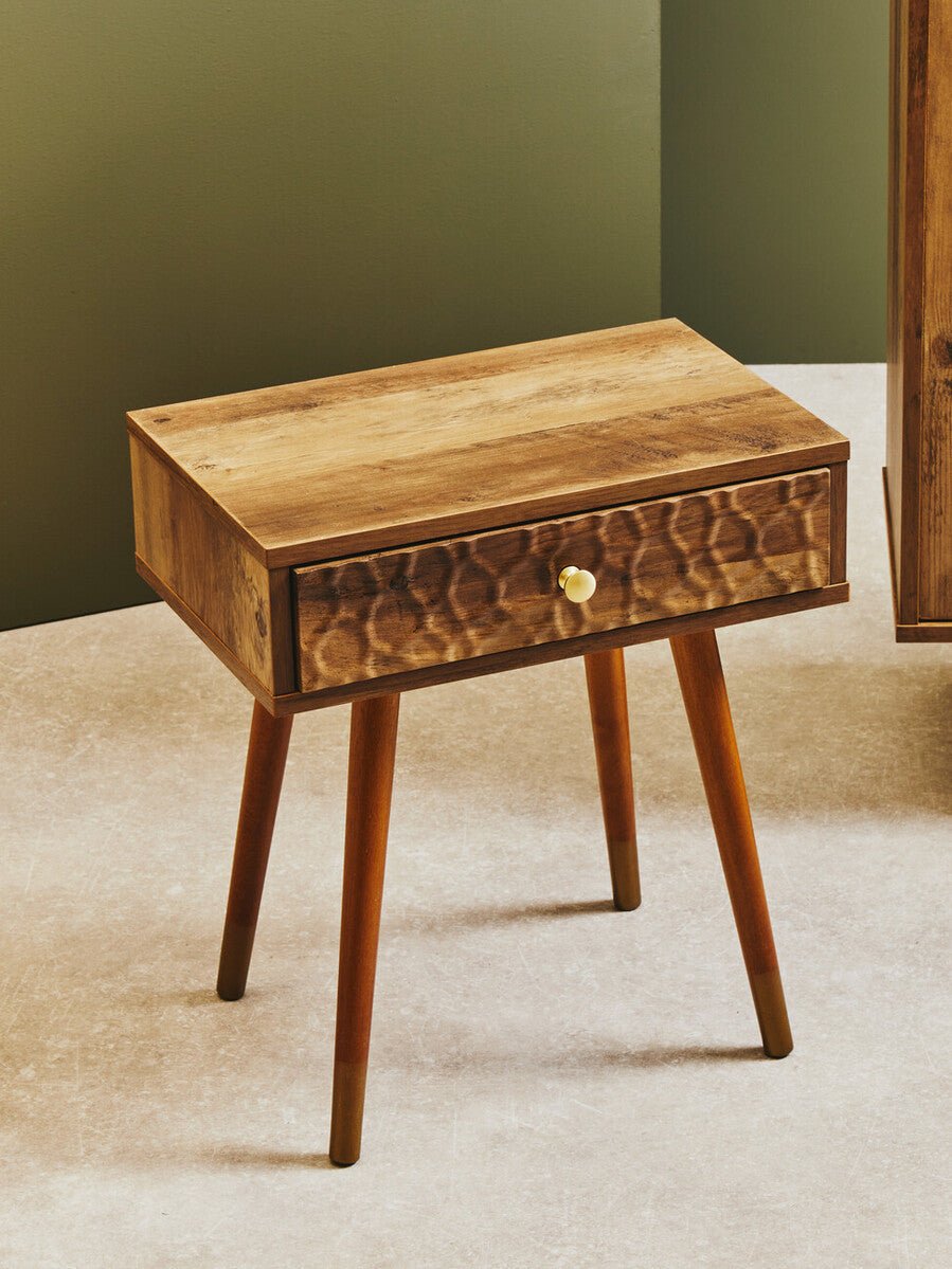 Natural Brown Wood Effect Bedside Table with 1 Drawer and Angular Legs | Frida | Luxury Home Accessories | Heulog Glow