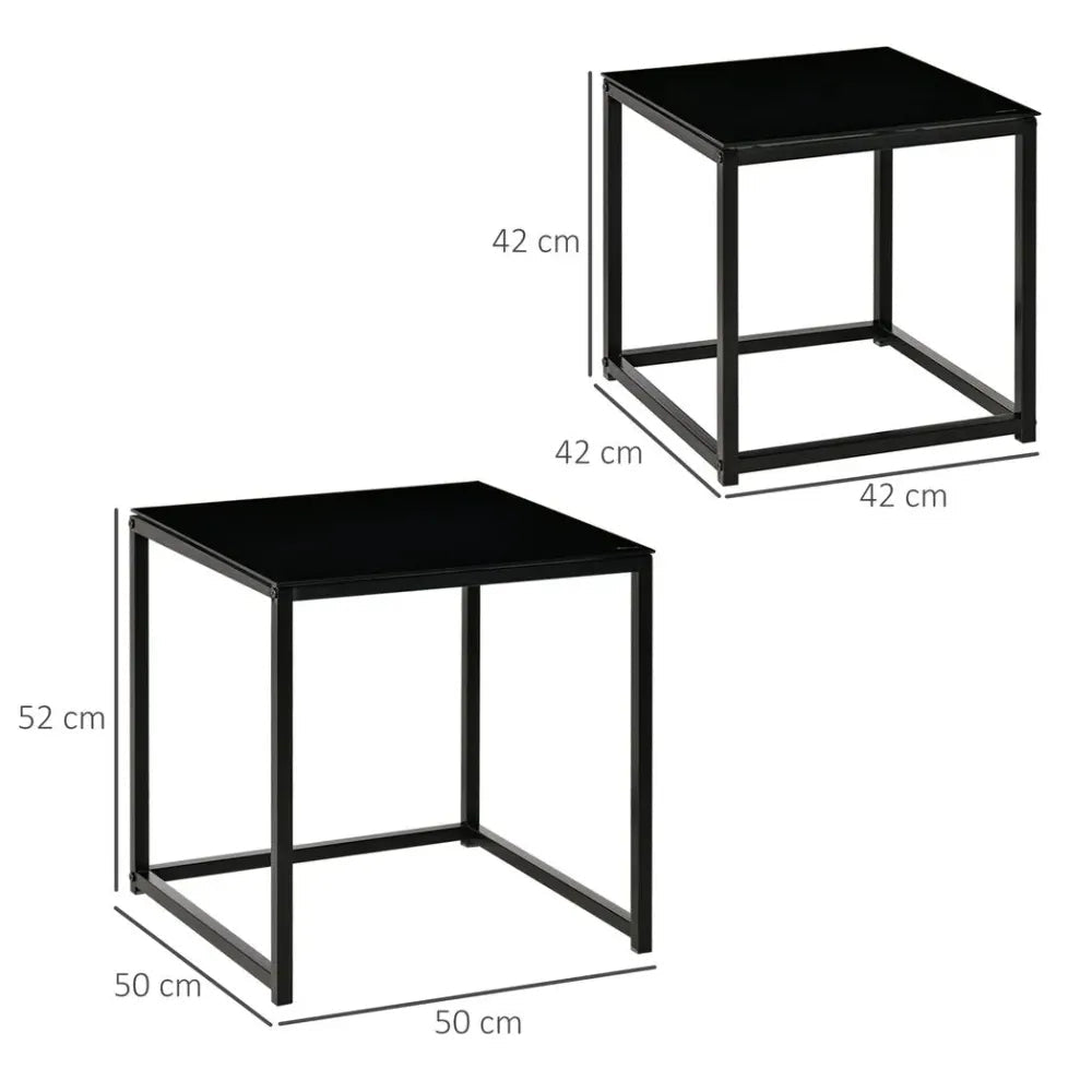 Nest of 2 Side Tables Set of Bedside Tables w/ Tempered Glass Desktop Black | Luxury Home Accessories | Heulog Glow