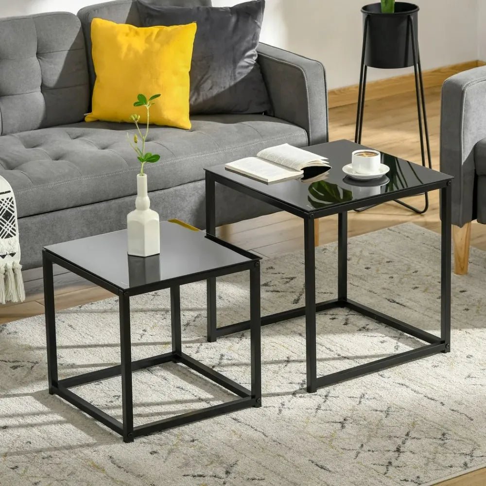 Nest of 2 Side Tables Set of Bedside Tables w/ Tempered Glass Desktop Black | Luxury Home Accessories | Heulog Glow