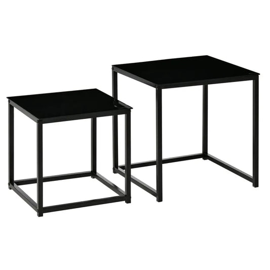 Nest of 2 Side Tables Set of Bedside Tables w/ Tempered Glass Desktop Black | Luxury Home Accessories | Heulog Glow
