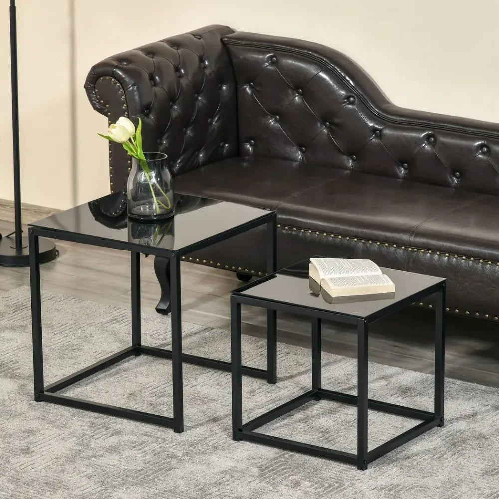 Nest of 2 Side Tables Set of Bedside Tables w/ Tempered Glass Desktop Black | Luxury Home Accessories | Heulog Glow