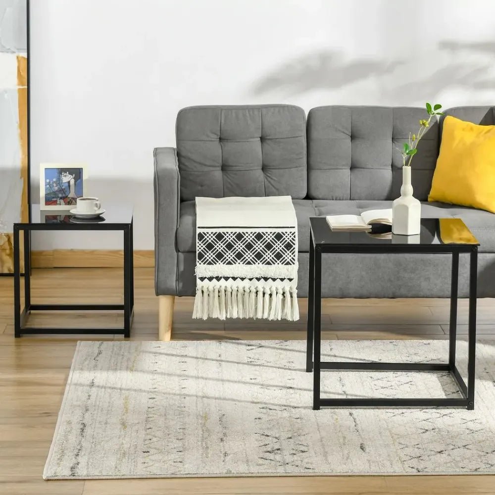 Nest of 2 Side Tables Set of Bedside Tables w/ Tempered Glass Desktop Black | Luxury Home Accessories | Heulog Glow