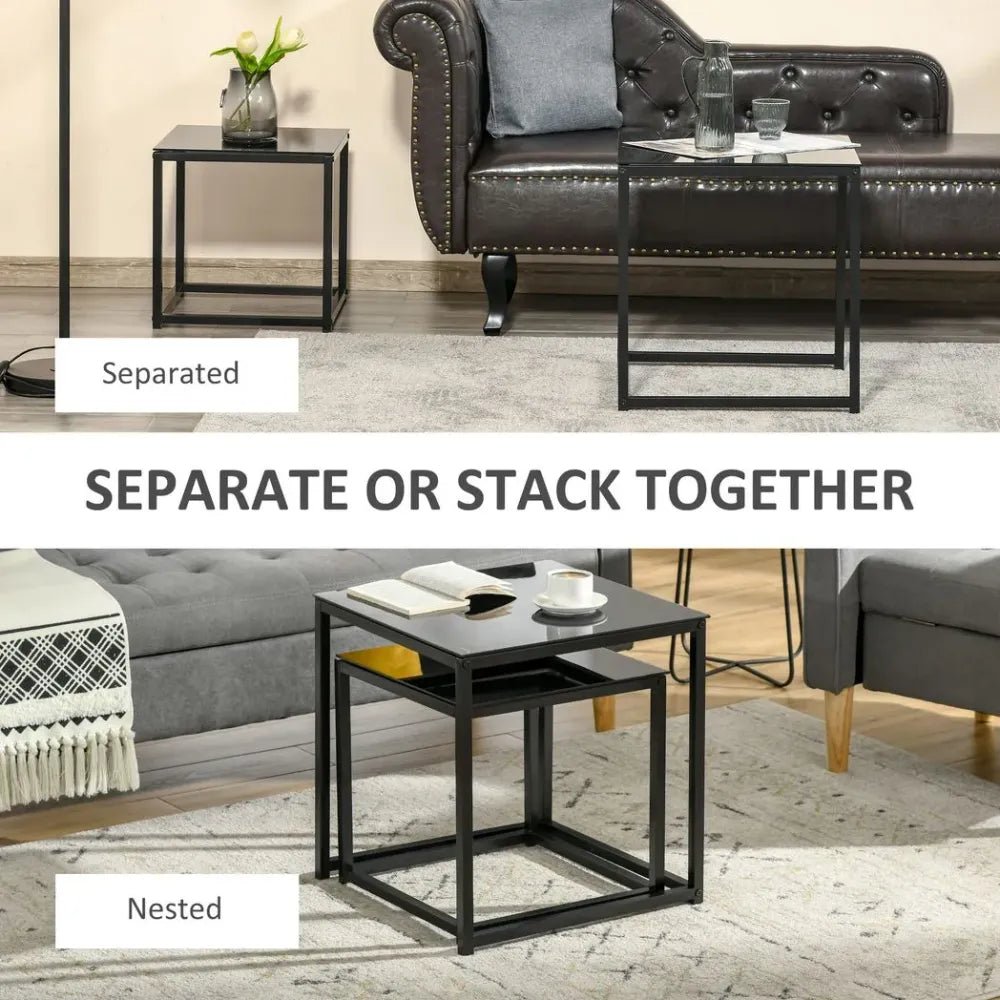 Nest of 2 Side Tables Set of Bedside Tables w/ Tempered Glass Desktop Black | Luxury Home Accessories | Heulog Glow